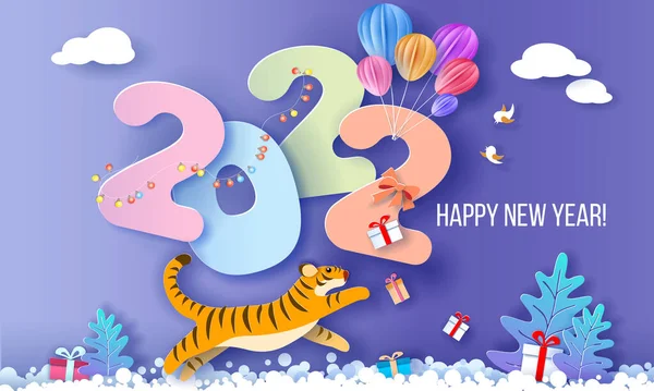 2022 Tarjeta de diseño de Año Nuevo con tigre sobre fondo azul de invierno — Archivo Imágenes Vectoriales