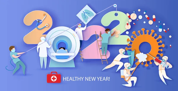 2022 Tarjeta de diseño de Año Nuevo con el equipo médico y los profesionales de la salud que luchan con COVID-19 — Vector de stock