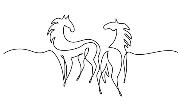 Standing horses on pasture. Continuous one line drawing. Horse logo. — Stockvektor