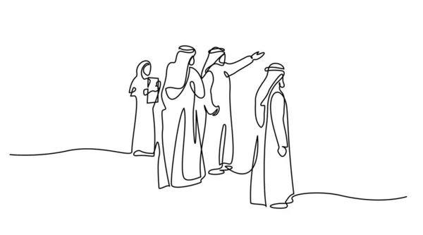 Muslim people looking at art picture in gallery. Arab middle east cloth — Stockvektor