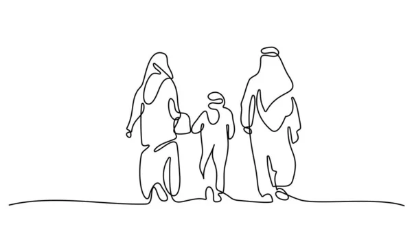 Familia árabe mamá, papá e hijo caminando juntos. Islámico musulmán feliz familia crianza concepto. — Vector de stock