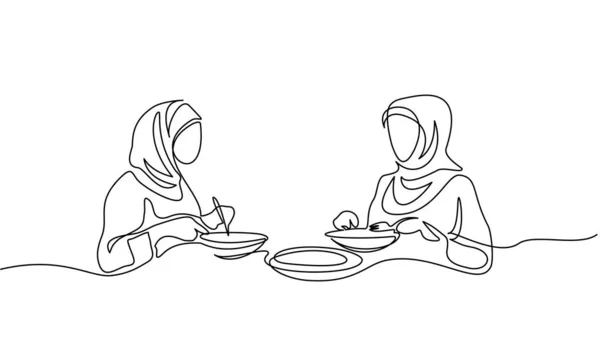 Mujeres jóvenes musulmanas comiendo en el restaurante. Dibujo continuo de una línea. — Vector de stock