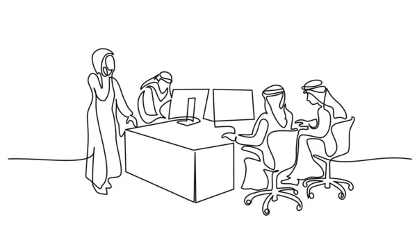 Young male and female muslim employees in office. Saudi Arabia cloth hijab, kandora, headscarf, ghutra — Archivo Imágenes Vectoriales