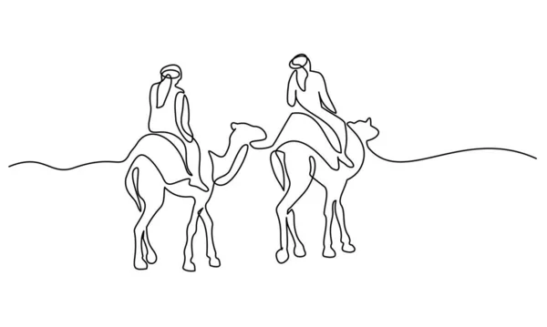 Hombres árabes montando camellos en el desierto. Arte continuo de una línea. — Vector de stock