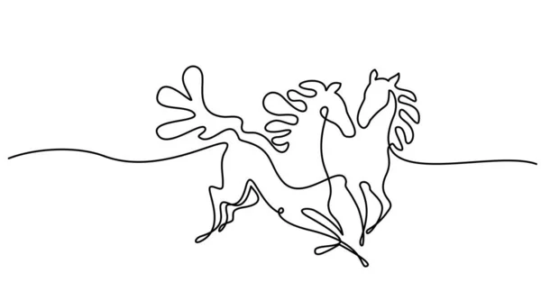 Galloping horses. Continuous one line drawing. Horse logo. — Vector de stock