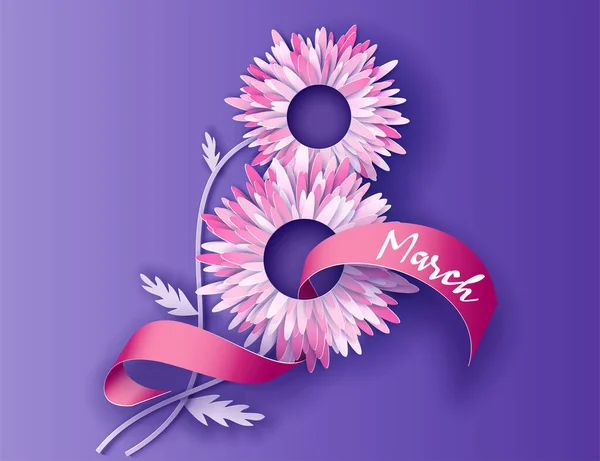 Tarjeta para el 8 de marzo día de las mujeres. Flores dentro del número ocho cortadas de papel. — Vector de stock