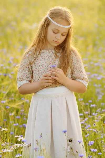 Baby flicka i en lång klänning i fältet skrattar — Stockfoto