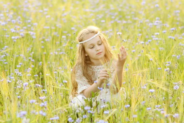 Baby girl in a long dress in the middle of the field laughing — Stock Photo, Image