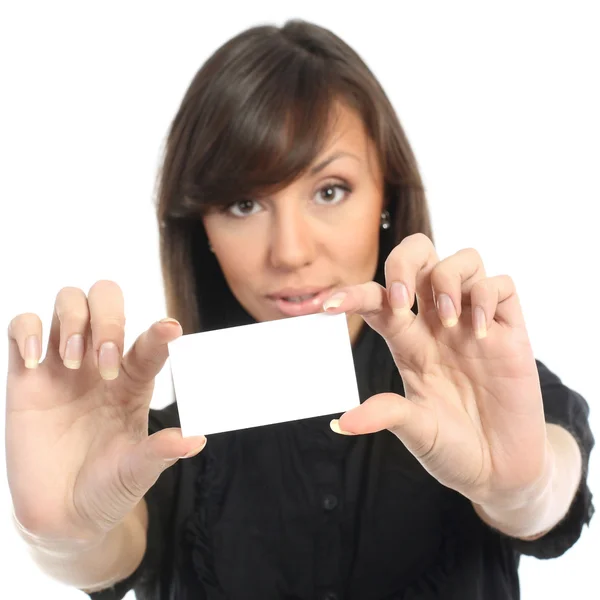 Chica bonita con tarjeta en blanco — Foto de Stock