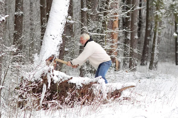 The attractive gray-haired elderly man chops wood — Stock Photo, Image