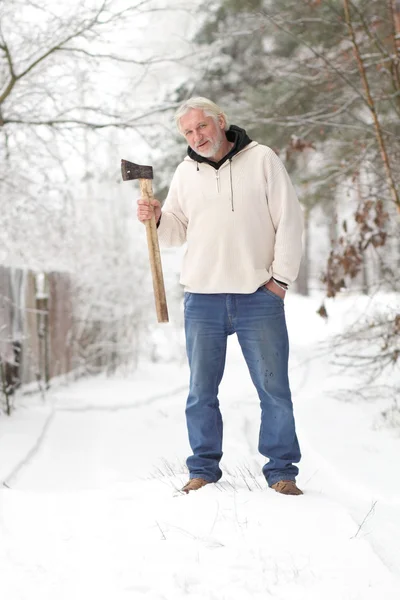 Attractive middle-aged gray man with ax — Stock Photo, Image
