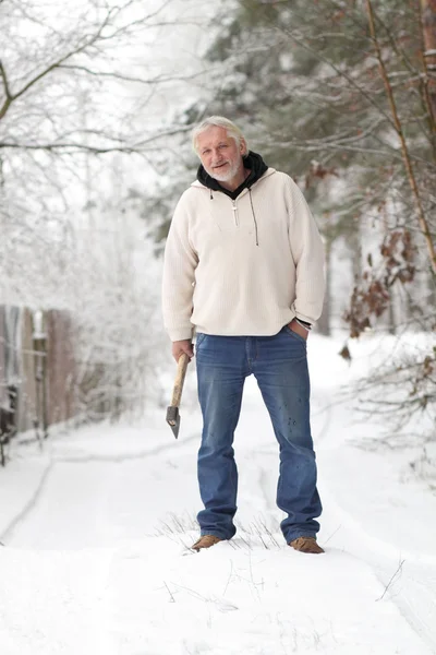 Attractive middle-aged gray man with ax — Stock Photo, Image