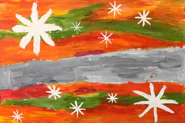 Children's drawing paints: Snow at sunset — Stock Photo, Image