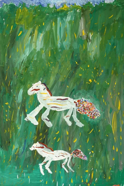 Τα παιδιά αντλώντας χρώματα: άλογα σε ένα λιβάδι — Φωτογραφία Αρχείου
