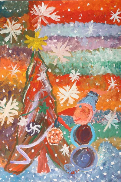 Dětská malba: novoroční strom — Stock fotografie
