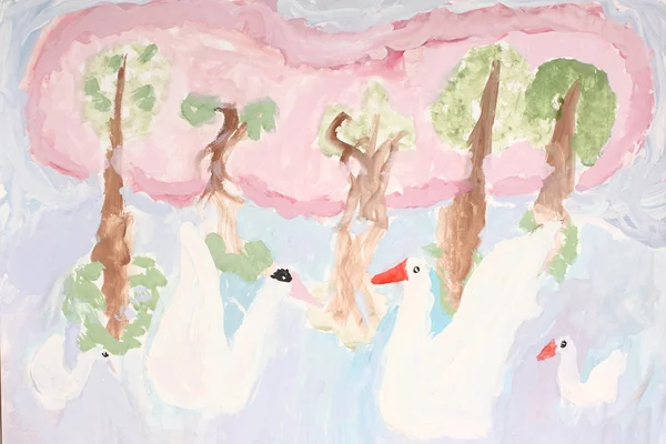 Tintas de desenho infantil: Cisnes na lagoa — Fotografia de Stock