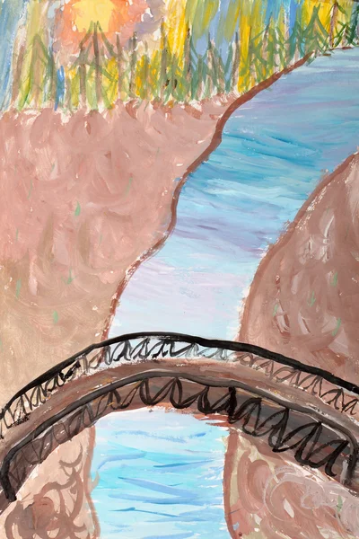 Παιδική ζωγραφική: γέφυρα στον ποταμό — Φωτογραφία Αρχείου