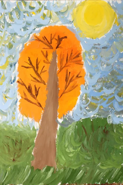 Malarstwo dla dzieci: drzewo na łące — Zdjęcie stockowe