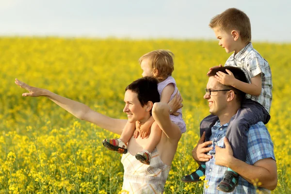 Happy family of four in a field — Stock Photo, Image