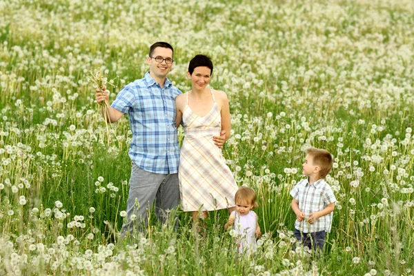 Família feliz de quatro em um campo — Fotografia de Stock