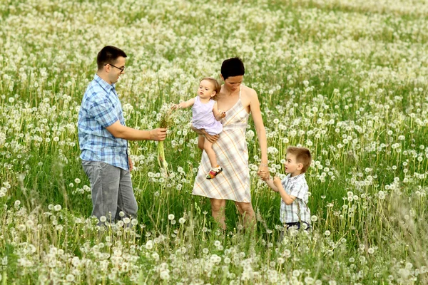 Heureuse famille de quatre dans un champ — Photo