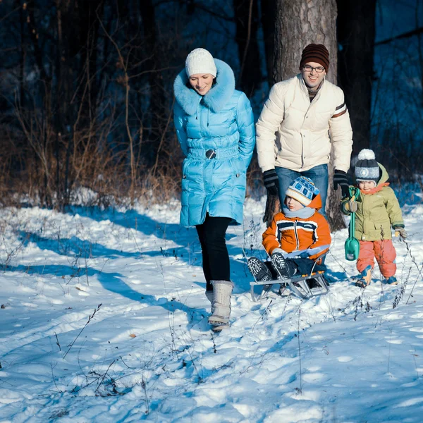 Привлекательная семья, развлекающаяся в зимнем парке — стоковое фото