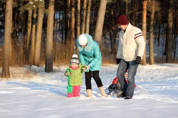 Atrakcyjny rodzinny zabawy w winter park — Zdjęcie stockowe