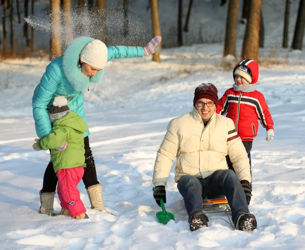 Famiglia attraente che si diverte in un parco invernale — Foto Stock