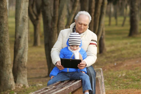 Grandfather and grandson are looking tablet on bench outdoors