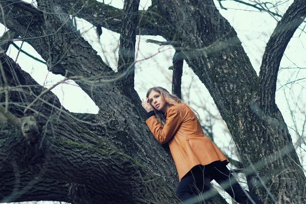 Belle fille hipster parmi les arbres — Photo