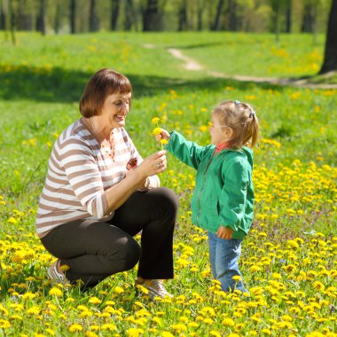 Büyükanne ve torunu çayır üzerinde