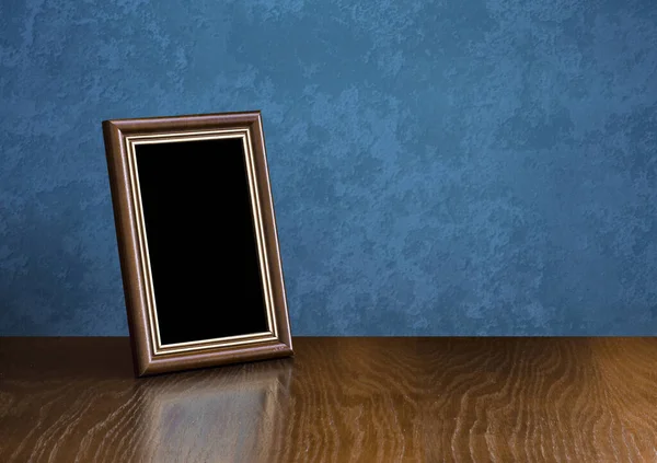 Wooden Photo Frame Table Blue Wall — Stock Photo, Image