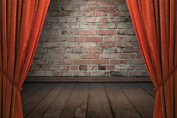 Old Interior Red Curtains Brick Wall — Stock Photo, Image