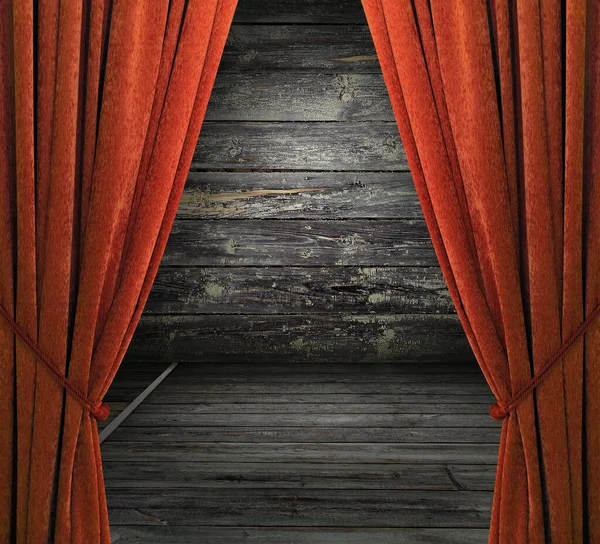 Stare Wnętrze Czerwonymi Zasłonami Drewniana Ściana — Zdjęcie stockowe