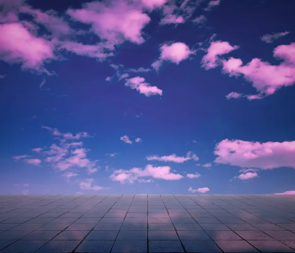 Pink Clouds Blue Sky Gray Floor Neon Dramatic Background — Stock Photo, Image