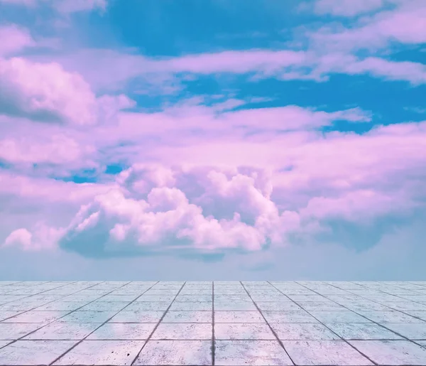 Pink Clouds Blue Sky Gray Floor Neon Dramatic Background — Stock Photo, Image
