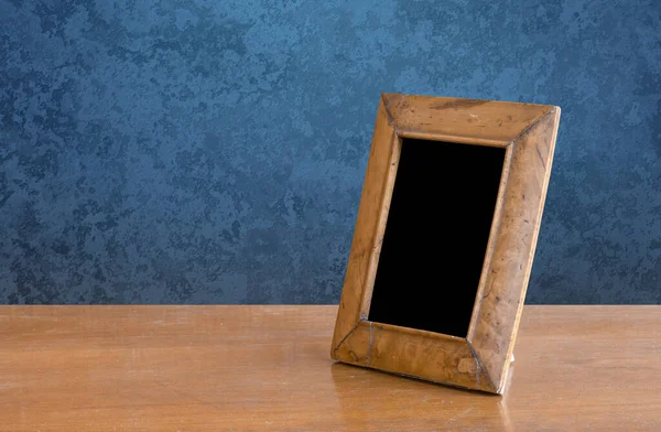 Wooden Photo Frame Table Blue Wall — Stock Photo, Image