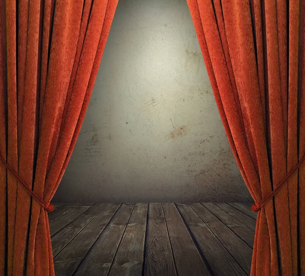 Old Interior Red Curtains Concrete Wall — Stock Photo, Image