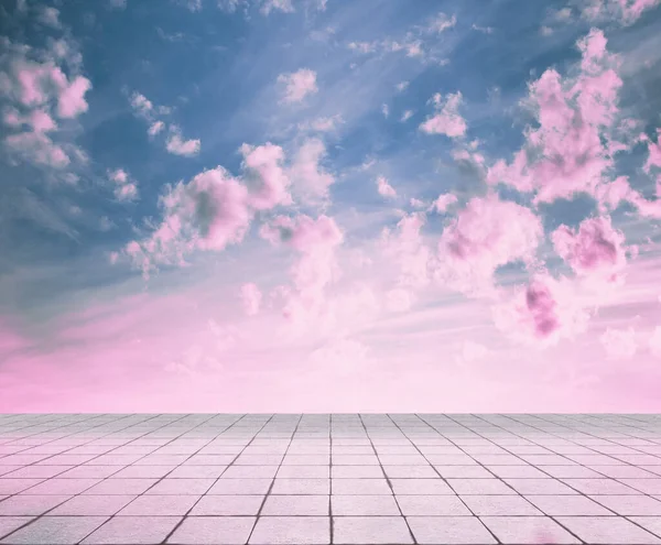Nubes Rosadas Cielo Azul Suelo Gris Fondo Dramático Neón —  Fotos de Stock