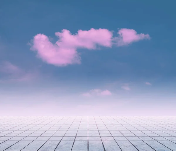 Pink Clouds Blue Sky Gray Floor Neon Dramatic Background — Stock Photo, Image