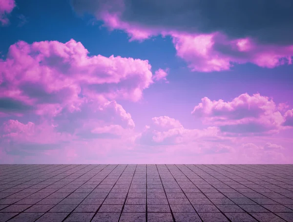 Nubes Rosadas Cielo Azul Suelo Gris Fondo Dramático Neón —  Fotos de Stock