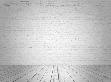 Tuğla duvarlı gri iç döşeme, beyaz arka plan
