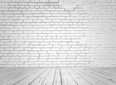 Tuğla duvarlı gri iç döşeme, beyaz arka plan