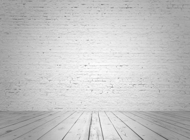 Tuğla duvarlı gri iç döşeme, beyaz arka plan