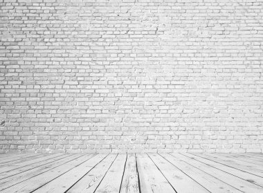 Tuğla duvarlı gri iç döşeme, beyaz arka plan