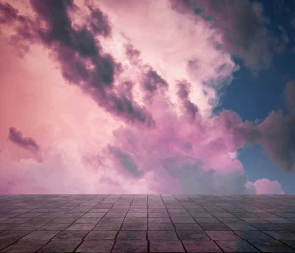 Nuvens Cor Rosa Céu Azul Chão Cinzento Neon Fundo Dramático — Fotografia de Stock