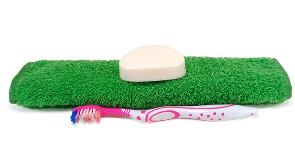 Serviette, savon, brosse à dents — Photo