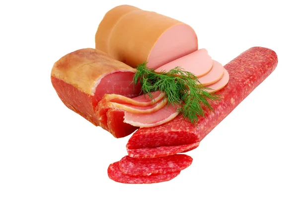 Uzené klobásy a maso — Stock fotografie