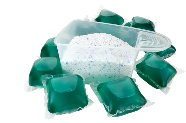 Gel capsules and washing powder — Stock Photo, Image