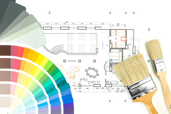 Architectural drawing with palette of colors and brushes
